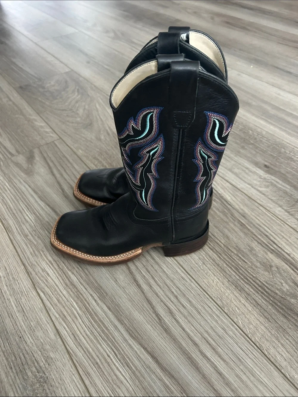 Kids Black Western Pull-On Boots with Colorful Embroidered Accents